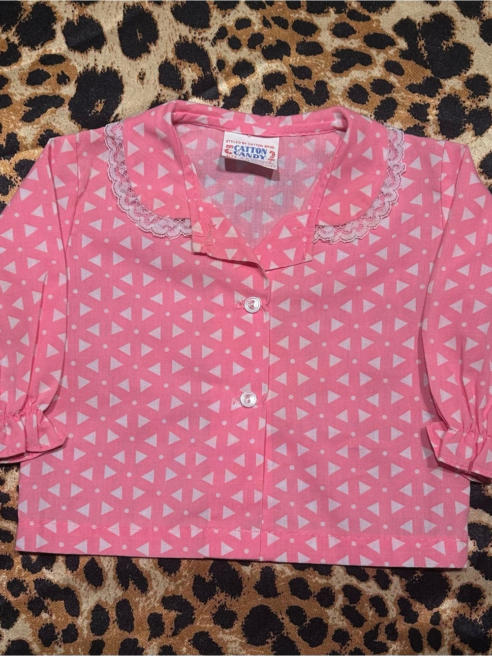 Vintage Catton Candy Pink Geometric Lace Collar Pajama Top 0-6M
